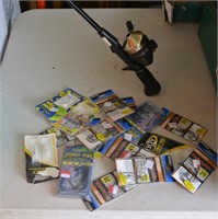 Fishing Pole, Reel and New Packages of Hooks