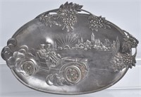 EARLY PEWTER TRAY WITH AUTOMOBILE SCENE