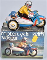 RED CHINA Tin Windup MOTORCYCLE w/ SIDECAR TOY