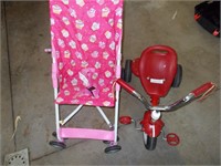 Small tricycle and umbrella stroller.
