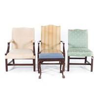 Three Chippendale style chairs and a stool