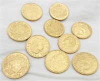 10 each Helvetia 20 Franc Gold 22 K Coins