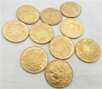 10 each Gold Helvetia 20 Franc 22K Coins