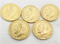 5 Gold George V Sovereign Coins 1911-1915