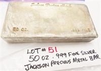 50 Oz .999 Fine Silver Jackson Precious Metals Bar