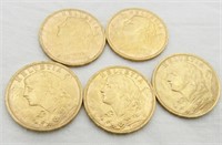 5 each 1927 Gold Helvetia 20 Franc Coins