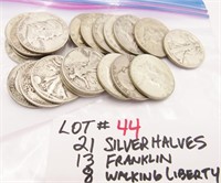 21 Silver Halves 13 Franklin & 8 Walking Liberty
