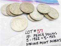10 Peace Dollars- 5 each 1922 & 1925 various marks