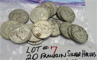 20 Franklin Silver Half Dollars various dates