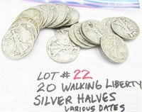 20 Walking Liberty Silver Half Dollars various