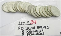 20 Silver Halves 15 Kennedy & 5 Franklin