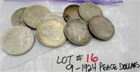 9 Peace Silver Dollars various dates & mint marks