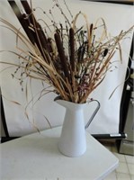 Large enamal pitcher dried cat tails included