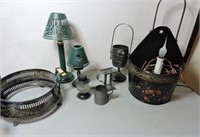 Tin ware, candle stands, silver plate etc