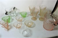 Pink, green and clear depression glass