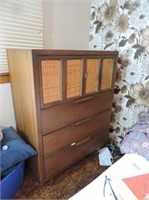 Vintage walnut dresser, wicker inlay front