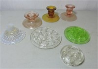 Depression glass candlestick holders and frogs