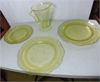 Depression glass serving trays and pitcher
