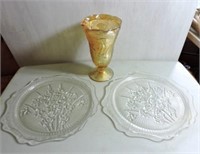 Iris depression glass platters and vase