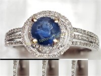 14K WHITE GOLD SAPPHIRE AND DIAMOND HALO RING