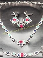 STERLING RUBY SAPPHIRE AND EMERALD JEWELLERY SET