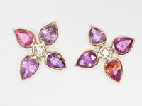 14K YELLOW GOLD PINK SAPPHIRE AND DIAMOND EARRINGS