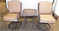 Two Swivel Patio Chairs with Cushions & Table