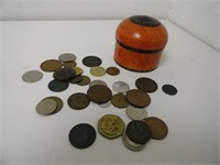 COIN COLLECTION WITH COOL ORANGE WOOD CONTAINER