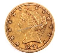 1891-CC Liberty Head $5 Gold Coin Carson City RARE