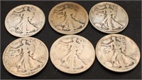 6 WALKING LIBERTY HALF DOLLARS 1917-S, 1936-D,