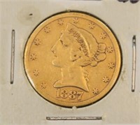 1887-S $5 LIBERTY HEAD GOLD COIN