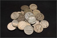 27 SILVER DIMES 1 BARBER, 8 MERCURY AND 18