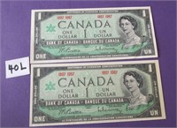 2 1967 Canada Confederation One Dollar paper money