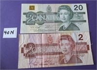 Canadian Twenty Dollar Bill 1991 & Two Dollar 1986
