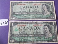 Two Canadian Replacement One Dollar Bills
