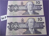 Two Consecutive Numbered Canadian 10 Dollar Bills