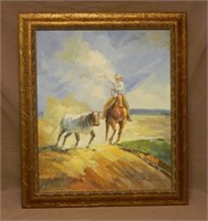 Cowboy and Steer Oil on Canvas, Signed.