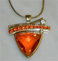 Orange Crystal Trillion Cut Pendant Necklace.