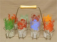 Vintage Floral Glass Set in Drink Carrier.