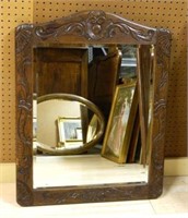 Cartouche Carved Oak Framed Beveled Mirror.