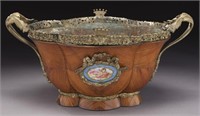 Tulipwood and bronze jardiniere with porcelain