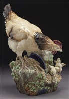 Large H.B. Choisy majolica chicken with chicks.