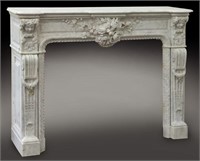 Carved white marble fireplace mantle,