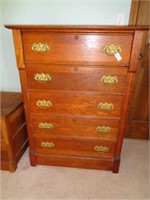 Oak 5 Drawer Chest with Brass Pulls