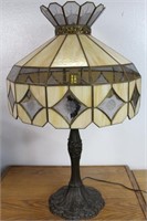 Bronze Table Lamp with Leaded Stain Glass Shade
