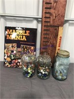 Marble Mania book, 3 jars asst marbles
