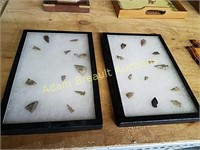 Two framed boxes stone arrowheads