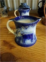 Vintage 7 inch blue porcelain cow pitcher, #1