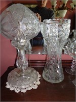 Cut Glass Vase and Mushroom Shade Lamp
