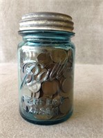 Antique Blue Glass Ball Jar Full of Wheat Pennies